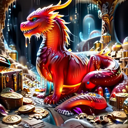 1dragon, highly detailed red dragon, Red dragon made out of slime, scaly red slime dragon, slime dragon with blue eyes, red slime dragon laying in its hoard,
multi-colored gems made out of slime, in a room of treasure made out of slime, gold coins and bars made out of slime, wood-like treasure chest made out of slime, wood-colored slime chest, individual coins made out of slime, gold slime coins, piles of coins,
treasure-room, treasure, treasure chest, gemstone, coins, gold bars, gold pile,
everything made of slime, No simple background,
((translucent slime)), ((transparent slime)), (bioluminescent slime), sl1m3, slime, ais-blmn, watce, je11y, thickwater, great lighting, ral-lava, even lighting, no bright spots,
