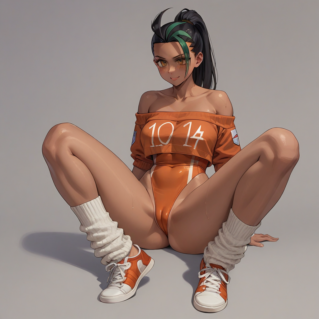 ((score_9)),score_8_up,score_7_up,score_6_up,score_5_up,score_4_up, retro_workoutwear, source_pokemon, Nemona, BREAK, aged_up, large breasts, 20 year old female, Nemona\(Pokemon\), 1woman, dark-skinned_female, streaked hair, retro_workoutwear, 1980s_(style), aerobics, headband, off_shoulder, highleg_leotard, leg_warmers, thong_leotard, cropped_sweater, leg_warmers, sneakers, studio,