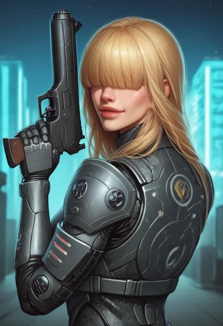 1girl, ((back view))), looking at viewer, highly detailed, from front, 1girl, skinny, looking at viewer, masterpiece, best quality,
raw, extremely detailed, hyperrealism, photo, perfect anatomy, <lora:grewishka_alita_pxl:1> source_photo, source_real, robot, cyborg, android, solo, looking at viewer, 1girl, full body, ((special force camo armor)), high heels, neon_lights, dynamic pose, pistols in hands
BREAK
fang smile, looking at viewer, long hair, ((blonde highlighting hair)), (((hair over eyes, front bangs))), long hair, dynamic pose
best quality, depth of field, bokeh, (((full clothed))), ((special force camo armor)),
BREAK
((((big futuristic gun in hands)))), (big futuristic pistol in hands:1.3), sc-fi soldier, dynamic pose, military camo armor
(((((rooftop, night city, neon lights))))) score_9, score_8_up, score_7_up, score_6_up, source_cartoon, rating_explicit, Expressiveh, (((((upper body))))), dynamic pose