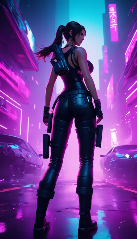 neonpunk style Cinematic scene, hero view, Lara Croft <lora:lara_croft_xl_v2:1>, action pose, detailed background, masterpiece, best quality, high quality, highres, absurdres . cyberpunk, vaporwave, neon, vibes, vibrant, stunningly beautiful, crisp, detailed, sleek, ultramodern, magenta highlights, dark purple shadows, high contrast, cinematic, ultra detailed, intricate, professional