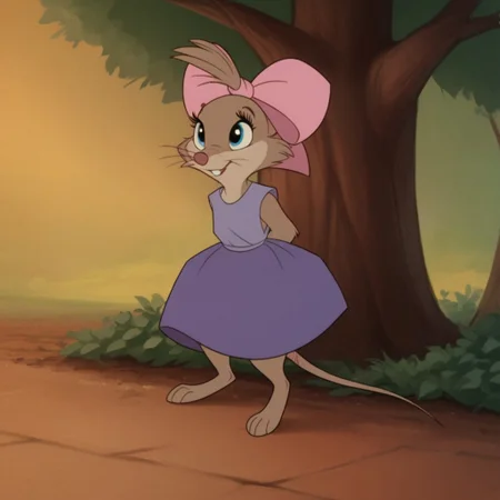 score_9, score_8_up, score_7_up, score_6_up, score_5_up, score_4_up, source_furry, TeresaBrisv2, semi-anthro, female, mouse, brown fur, whiskers, blue eyes, pink hair bow, purple dress, sleeveless, park, barefoot, solo, 1girl, smile, standing, hands behind back, shy,
