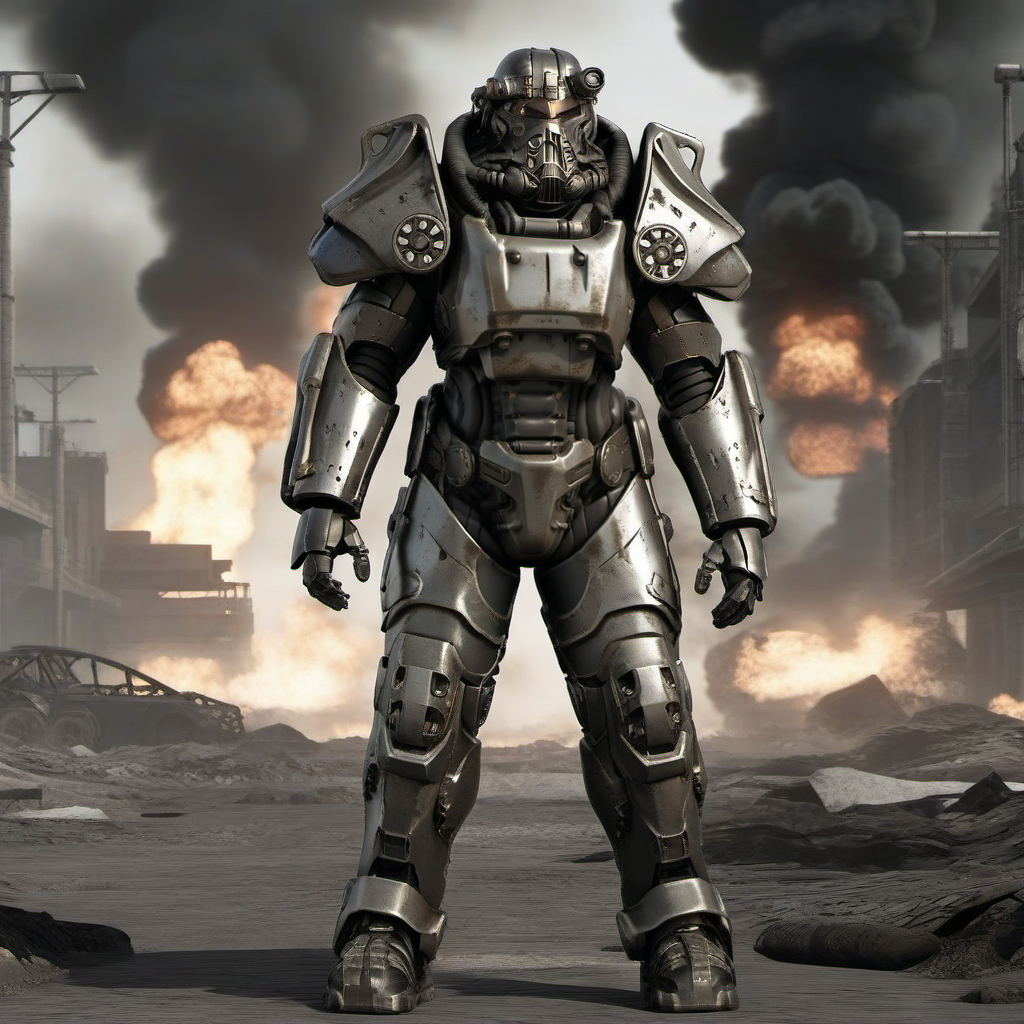 Dystopian style a futuristic armor, war, explosions, fire, smoke <lora:Fallout1024:0.8> . Bleak, post-apocalyptic, somber, dramatic, highly detailed