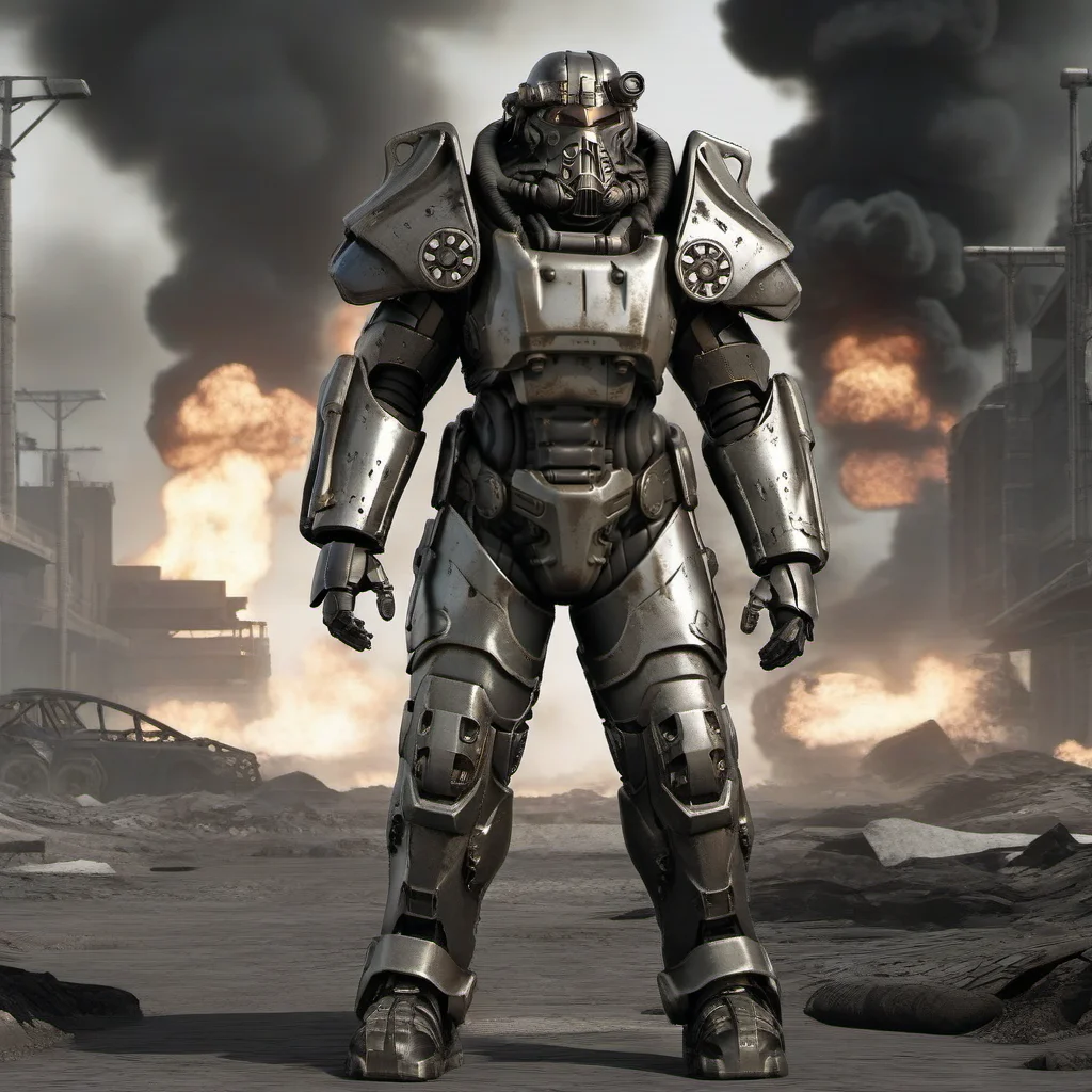 Dystopian style a futuristic armor, war, explosions, fire, smoke <lora:Fallout1024:0.8> . Bleak, post-apocalyptic, somber, dramatic, highly detailed