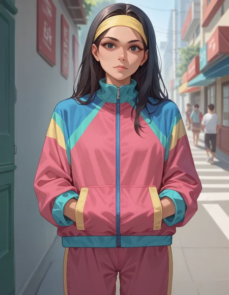 score_9, score_8_up, score_7_up, score_6_up, score_5_up, score_4_up, 1girl, solo, long black hair updo, hud_jggr, colorful jacket, zipper, pants, hairband, <lora:1980sjoggingsuit:0.8>, standing, curb