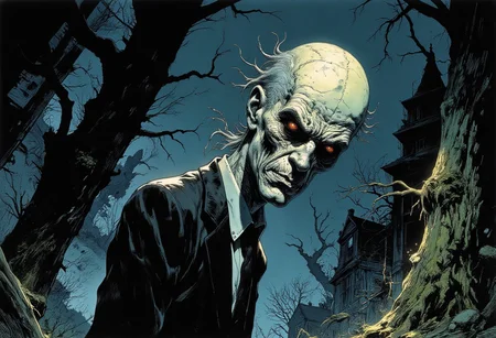 A stylized, atmospheric extreme close-up rendered in the haunting, ink-saturated style of a dark horror graphic novel captures the terrifying presence of the Slender Man in striking detail. The composition centers on his pale, featureless face—smooth and blank like bleached porcelain, with no eyes, no mouth, no nose and no hair. Just an uncanny mask of stillness that seems to absorb all light around it. His elongated head tilts ever so slightly forward, as if leaning in to address the viewer directly.
He is impossibly tall—eight feet at least—and in the limited frame, only his face and shoulders are visible. He wears a perfectly fitted, pitch-black suit with a high collar, the fabric matte and immaculate despite the cold, damp air of the forest. The lines of his body are unnaturally narrow, stretched, and the proportions wrong in a way that instantly unsettles.
The background is heavy, shadowy darkness. The texture of the air feels heavy, charged, as if it presses down on the reader’s chest. A faint gleam of moonlight edges the side of his head and shoulder, enhancing the void of his face.