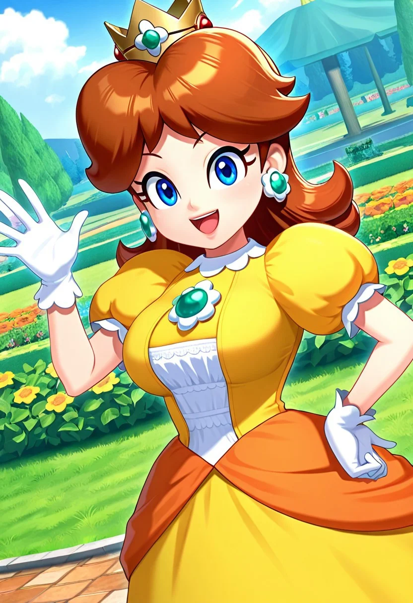 general,highres, ultra-detailed,very aesthetic,best quality ,best hands,best eyes,easynegative,
dynamic anglre, dutch angle, anime cloring,anime screencap,
1girl solo,looking at viewer,outdoors, garden, smile, open mouth, waving hand, hand on hip,
Princess Daisy,brown hair,long hair,wavy hair,crown,blue eyes,huge breasts,yellow dress,