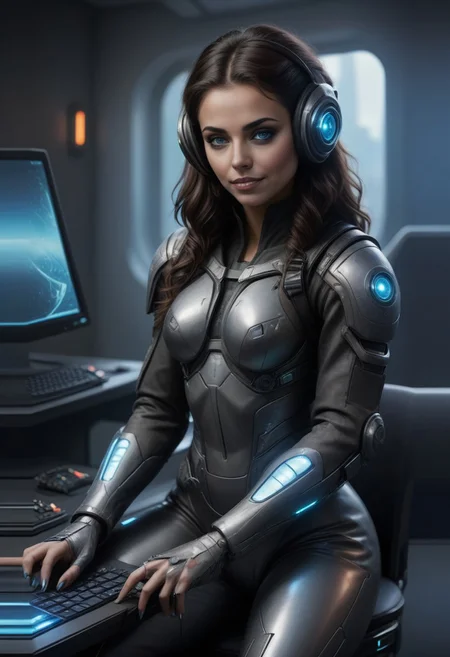 Natali_V3 a woman in a futuristic suit sitting at a desk