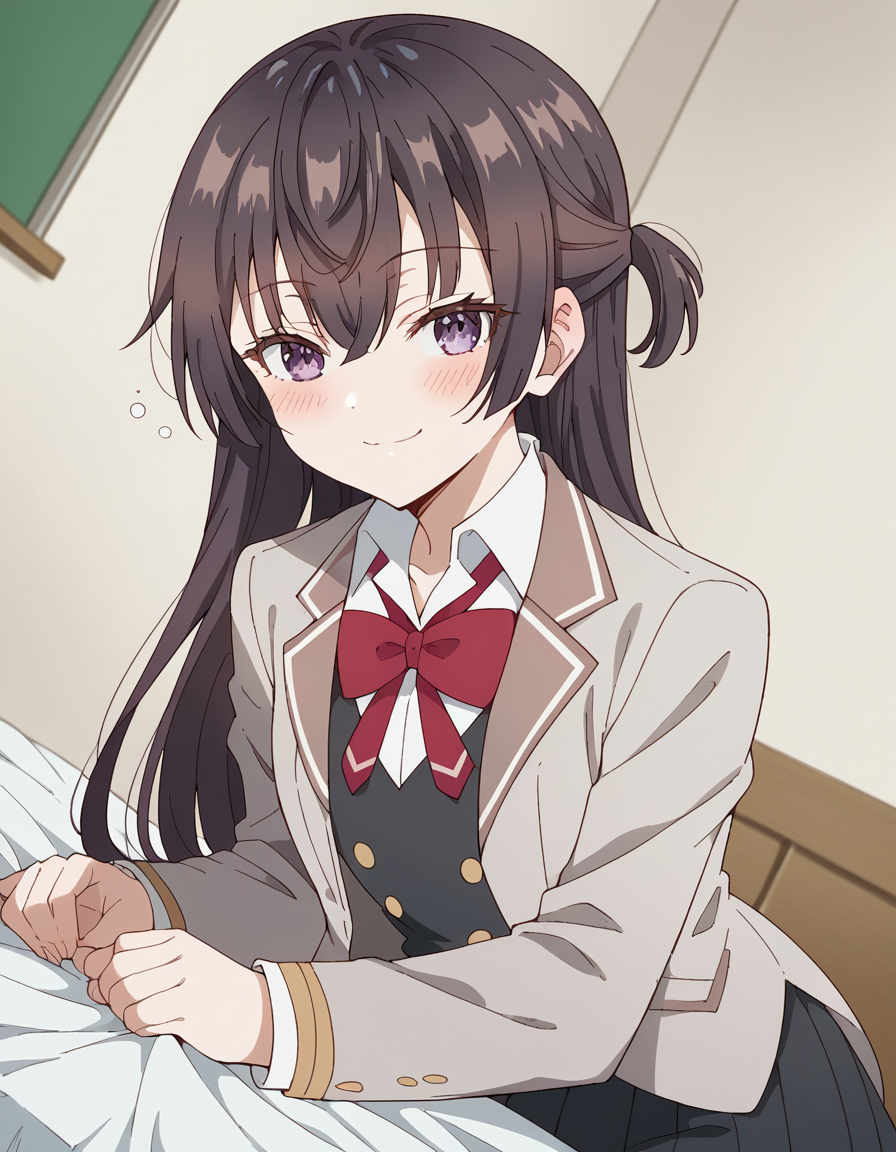 score_9, score_8_up, score_7_up, source_anime, <lora:yuki-suou-s1-ponyxl-lora-nochekaiser:1>, yuki suou, long hair, bangs, brown hair, black hair, hair between eyes, purple eyes, half updo,, shirt, bow, school uniform, jacket, white shirt, collared shirt, bowtie, red bow, blazer, red bowtie, black skirt, pleated skirt,, indoors, bed, bed room, on side, blush, drunk,, smile, looking at viewer, undefined, solo,, cowboy shot, dutch angle
