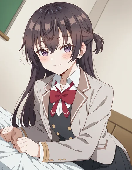 score_9, score_8_up, score_7_up, source_anime, <lora:yuki-suou-s1-ponyxl-lora-nochekaiser:1>, yuki suou, long hair, bangs, brown hair, black hair, hair between eyes, purple eyes, half updo,, shirt, bow, school uniform, jacket, white shirt, collared shirt, bowtie, red bow, blazer, red bowtie, black skirt, pleated skirt,, indoors, bed, bed room, on side, blush, drunk,, smile, looking at viewer, undefined, solo,, cowboy shot, dutch angle