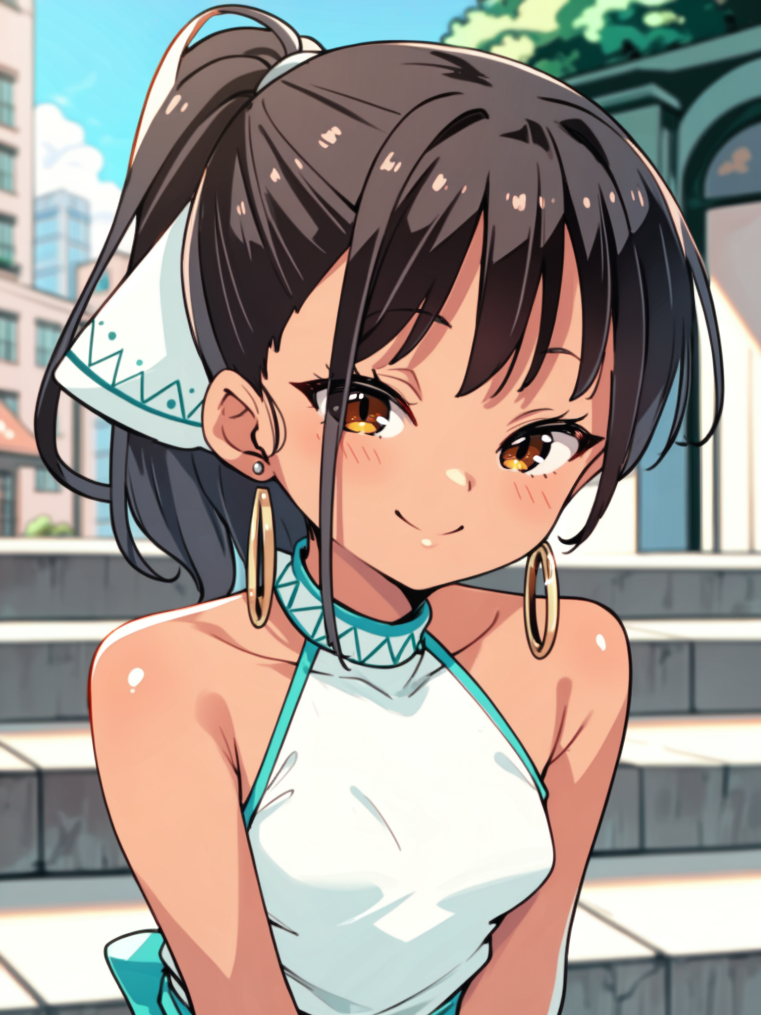 <lora:happy_tentacle-maruisis-v0.3-000010:1>, ht_marunephthys, hoop earrings, ponytail, hair ornament, bangle, small breasts, tan, black hair, brown eyes , seductive smile, outdoors, building, stairs upper body, 1girl, (petite:1.2), solo focus, (looking at viewer:1.1), sidelighting, (depth of field:0.8), , score_9, score_8_up, score_7_up, score_6_up, score_5_up, score_4_up