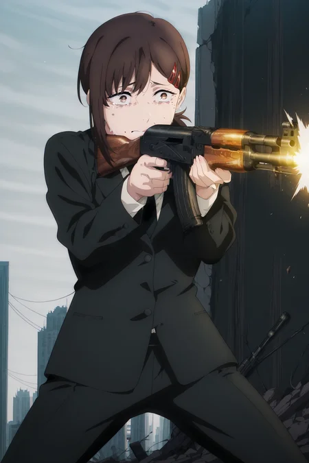 volumetric lighting, official style, amazing quality, ultra detailed, highres, detailed background, anime screenshot, anime screencap, anime coloring, masterpiece, detailed face,1girl <lora:Kobeni_Higashiyama__:0.8>kobeni, hair ornament, mole, mole under mouth, hairclip, multiple moles, single sidelock, mole under eye, brown hair, bangs, short ponytail, brown eyes, short hair, crying, destroyed city background, black necktie, business suit, black pants, suit jacket, black suit, finger on trigger, aiming, shooting pose, gun shouldered, firing, dynamic shot, dramatic lighting combat stance, <lora:ak-47:1>ak-47, assault rifle