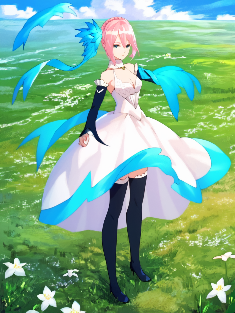 score_9, Score_8_up, Score_7_up, Score_6_up, masterpiece,  best quality, very aesthetic,  <lora:ShionneV2-08:1> 15 shionne 01b weddingdress, shionne 01b, pale skin, long hair, (blue eyes), wedding dress 1girl, solo, breasts, 1Girl, hair ornament, thighhighs, dress, bare shoulders, full body, pink hair, braid, detached sleeves, black thighhighss   <lora:detailed_backgrounds_v2:1> (scenery:1.3),  backgrounds scenery, complex background, grass, cloud, flowers,