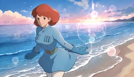 <lora:NotVotW_NausicaaXLIllustrious022:0.8>,
masterpiece,best quality,good quality,newest,
outdoors,detailed background,ocean,sandy beach,lens_flare,glitter,
smile,
looking at viewer,
solo,
Nausicaa,1girl,brown hair,medium hair,brown eyes,
breasts,
blue dress,white tights,
standing,