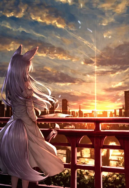 1girl, solo, long hair, white hair, fox tail, fox ears, white dress, detached sleeves, sky, cloud, from behind, wind, sunset, railing, diffraction spikes, skyscraper, <lora:ryosios:1>