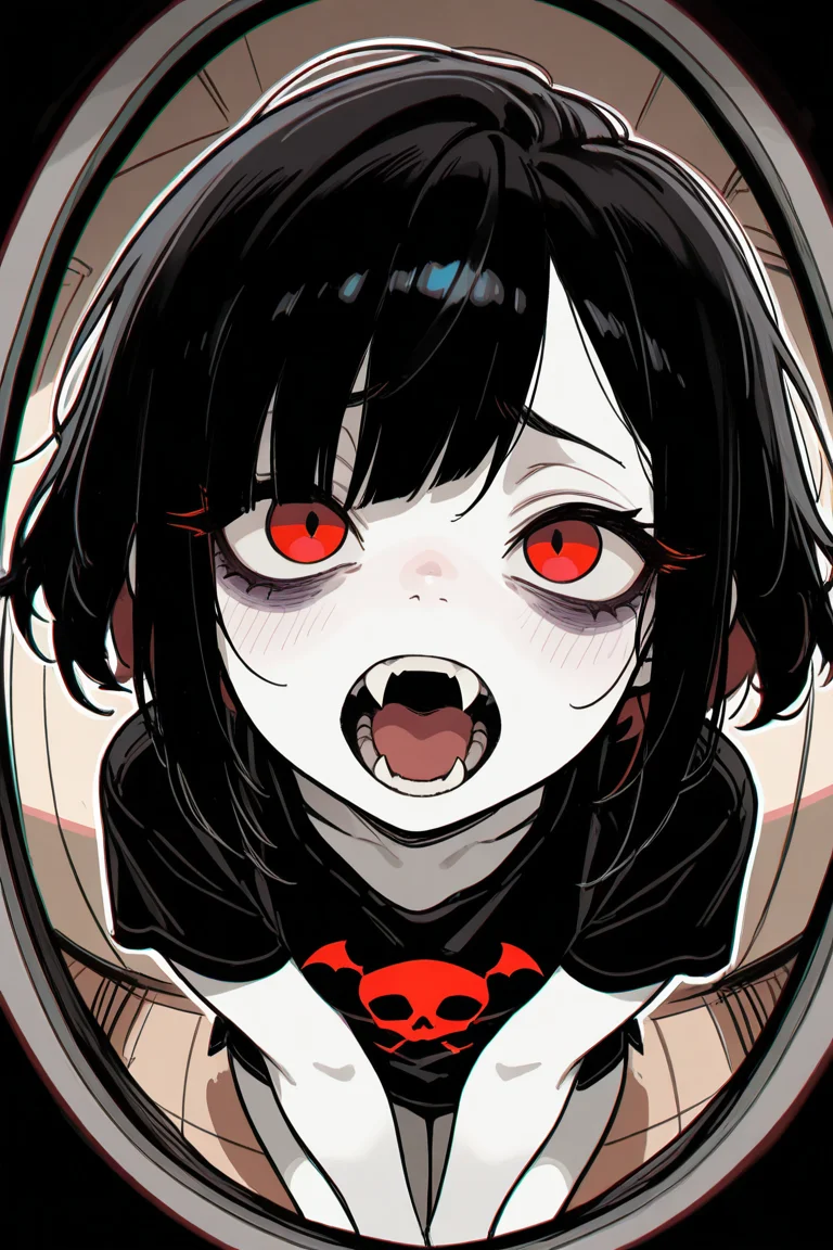 gothic_glittercore, masterpiece,best quality,amazing quality, 1 girl,  cramped space, fisheye lens, from above, red eyes, bags under eyes, uneven bangs, t-shirt,  sketch, vampire, white skin, illustration, fangs
white outline glow, chromatic aberration, high res image
