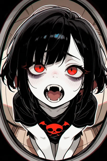 gothic_glittercore, masterpiece,best quality,amazing quality, 1 girl, cramped space, fisheye lens, from above, red eyes, bags under eyes, uneven bangs, t-shirt, sketch, vampire, white skin, illustration, fangs
white outline glow, chromatic aberration, high res image
