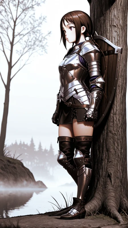 HDR, 8K, high contrast, masterpiece, best quality, amazing quality, very aesthetic, high resolution, ultra-detailed, absurdres, (best quality:1.1), muted color, realistic, depth of field,
1woman,, fog, dusk wood, leaning on a oak tree, braided very long hair, :/,elegant armor,
brown hair, twin braids, purple eyes, short stack, wakana_misato <lora:misato_wakana:0.85>
d4rkkn1ght, armor, gauntlets, skirt, boots, shield:shield on back,(armored dress:1.4) <lora:Dark_DarkKnight_Illust_v1:0.5>