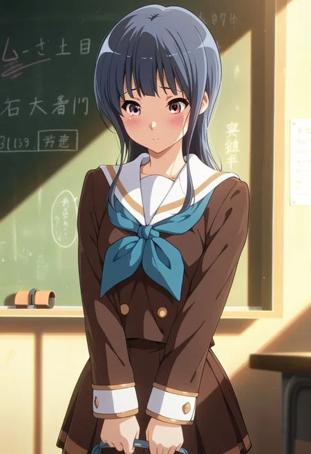 masterpiece,best quality,amazing quality, yoroizuka mizore, long hair, light blue hair, cherry-red eyes, 1girl, kitauji high school uniform, solo, school uniform, serafuku, skirt, neckerchief, chalkboard, blue neckerchief, brown skirt, long sleeves, indoors, blush