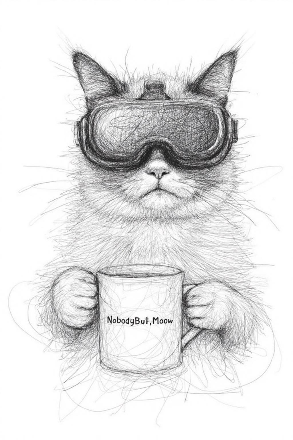 Drawing of Grumpy Cat holding a coffee mug, wearing a VR Headset. The mug has the phrase "NobodyButMeow" printed <lora:scribble1_nbm_d6a3:1.0><lora:822523440473885551:0>