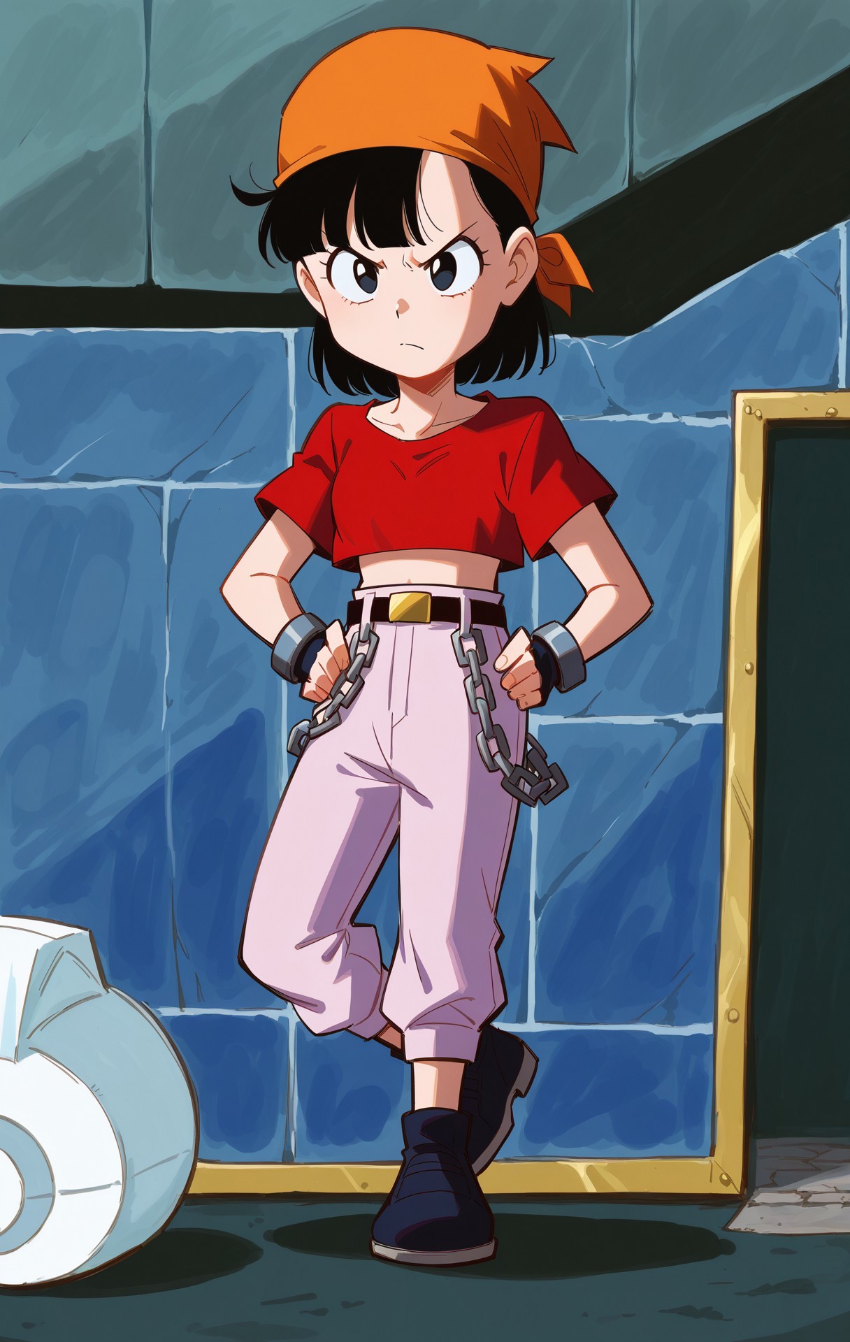 (<The-killer-wc_artist>) short black hair, black eyes, orange bandana, red shirt, gloves,tight jean pants, belt, chain, hands on hips, small_breasts, front view,