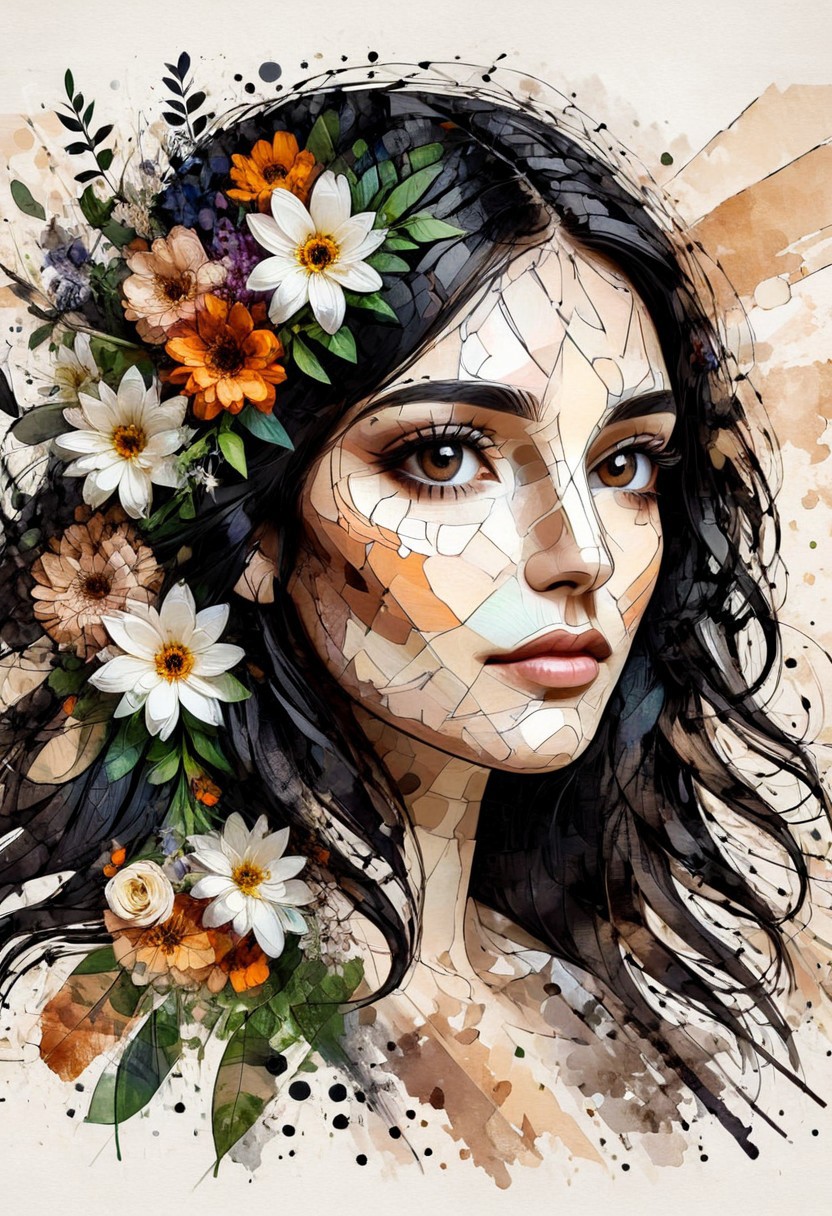 InkMosaic, a portrait of a woman with flowers in her long black hair, brown eyes