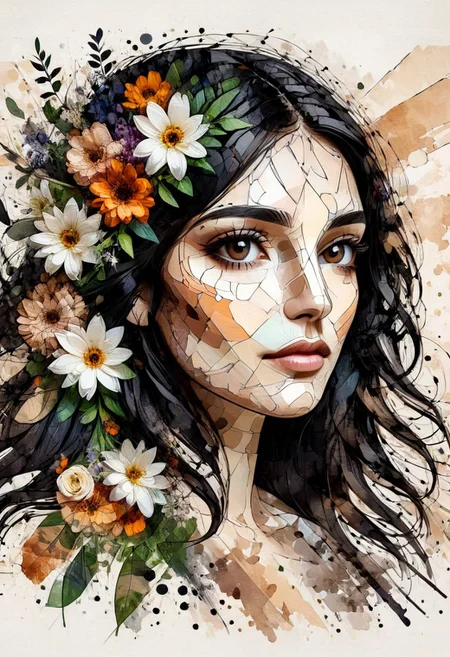 InkMosaic, a portrait of a woman with flowers in her long black hair, brown eyes