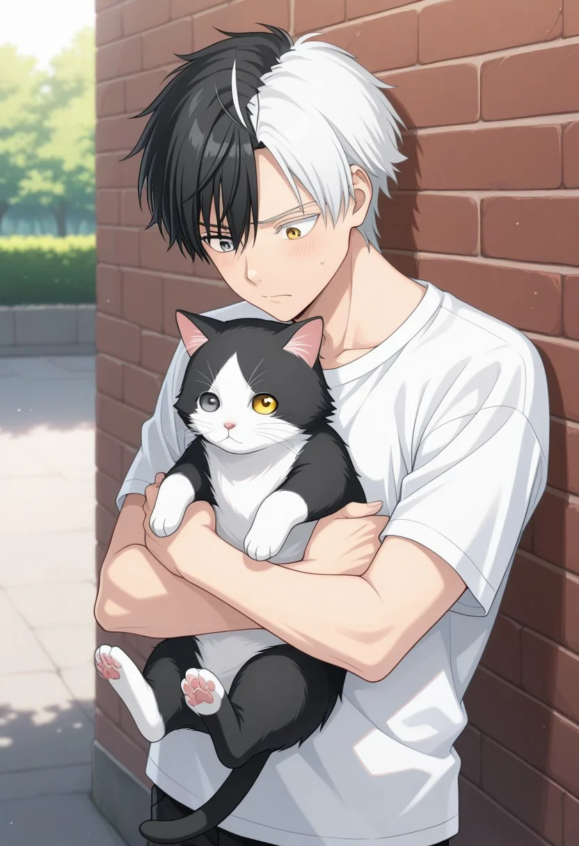 masterpiece,best quality,amazing quality, source_anime,
sakuharuka, 1boy, male focus, solo, heterocromia, grey eyes, yellow eyes, split-color hair, black hair, white hair, shirt, t-shirt, hugging cat, outdoor,