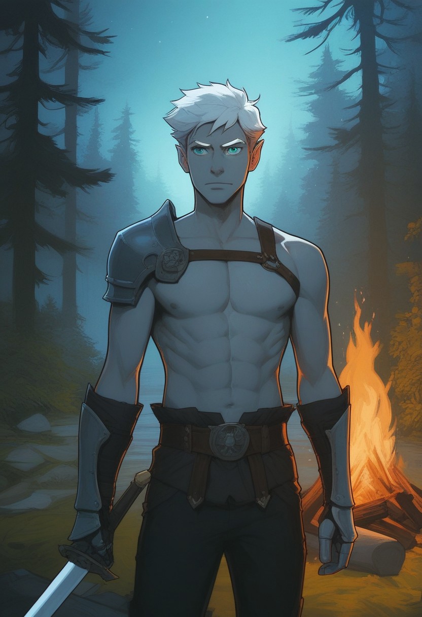 score_9, score_8_up, score_8, score_7_up, male, standing, 25 years old, mischievous, handsome, flirty, dominant, narrow mouth, sharp cheekbones, gaunt face, (half_elf:0.5), dark elf, (((grey skin))), (((short white hair))), short cut sides, ((white eyebrows)), grey ears, pointed_ears:0.5, (pointed human ears), split eyebrow, eyebrow scar on left side of face, ((detailed turquoise eyes)), 1boy, solo, sexy, athletic, abs:0.5, (shirtless, chest strap), shoulder armor, gauntlets, (sword-over-shoulder, weapon over shoulder, crossguard hilt), vox machina style, solo, at night, warlock, fantasy, forest background, (dynamic lighting:1.1), campfire,
((masterpiece)),