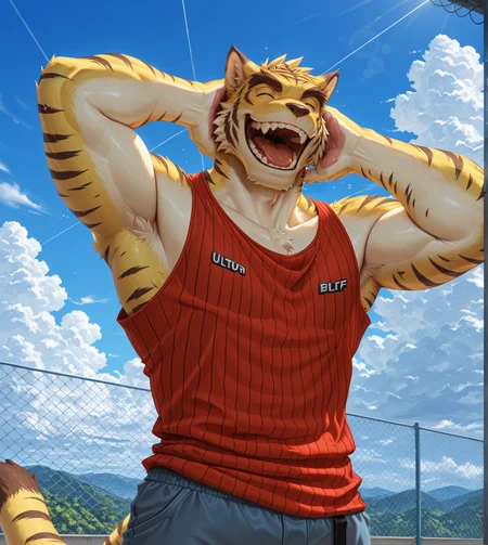 (solo), anthro, furry, male, manly, masculine, red tank top, shorts, happy, upper body, blue sky, clouds, 
BREAK masterpiece, best quality, amazing quality, very aesthetic, high resolution, ultra-detailed, absurd res, newest, scenery,  <lora:TorahikoIL:1>