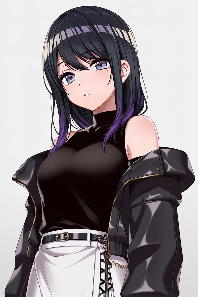 masterpiece, best quality, amazing quality,
<lora:Toka_IL:1> toka, 1girl, solo, mole, black hair, jacket, looking at viewer, multicolored hair, long hair, long sleeves, mole under eye, purple hair, bangs, open jacket, open clothes, black jacket, off shoulder, parted lips, white skirt, gradient hair, cslsk