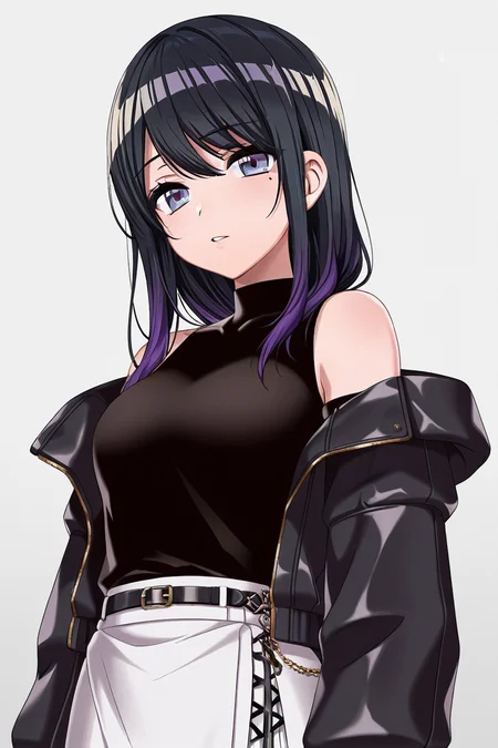 masterpiece, best quality, amazing quality,
<lora:Toka_IL:1> toka, 1girl, solo, mole, black hair, jacket, looking at viewer, multicolored hair, long hair, long sleeves, mole under eye, purple hair, bangs, open jacket, open clothes, black jacket, off shoulder, parted lips, white skirt, gradient hair, cslsk