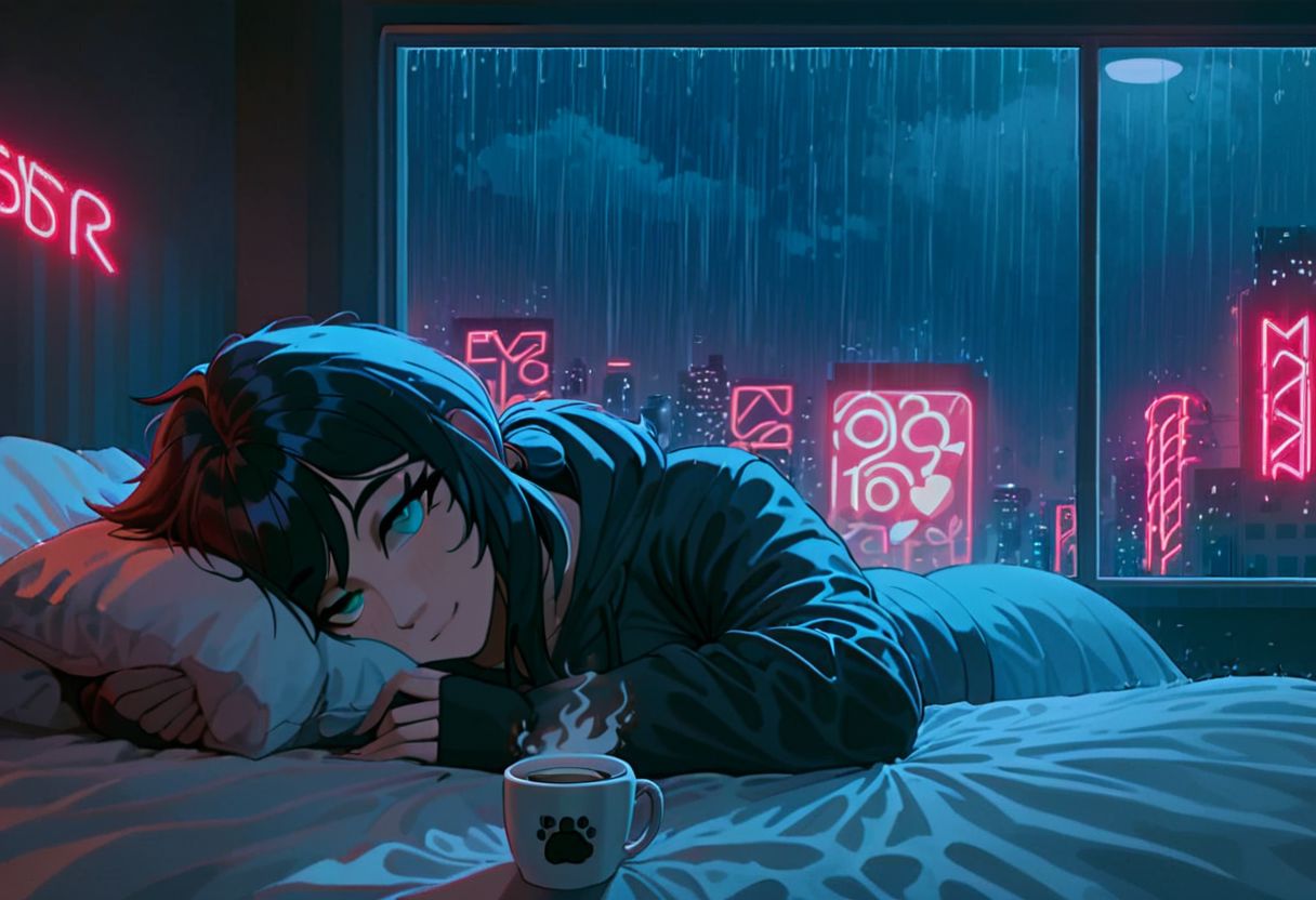 score_9,score_8_up,score_7_up,score_6_up, 1girl, 
 sitting in bed next to a large window, holding coffee cup, steaming coffee cup on windowsill, wearing croptop hoodie, black croptop hoodie, long hair, black hair, low ponytail hairstyle, pov from outside, view from putside the window looking into the room, looking out window, head resting on pillow laying on the bed, hoodie, plants on the windowsill, looking out the window, looking at viewer, background is the bedroom, tidy bedrrom, small room, cramped bedroom, teddies on the bed,, wearing legging, see through thights, black tights, cyberpunk city view out of the window, raining outside, heavy rain outside, neon light, purple neon lights, cat on the bed, pet cat in the room, pet cat sleeping on the bed
