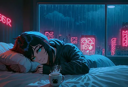 score_9,score_8_up,score_7_up,score_6_up, 1girl,
sitting in bed next to a large window, holding coffee cup, steaming coffee cup on windowsill, wearing croptop hoodie, black croptop hoodie, long hair, black hair, low ponytail hairstyle, pov from outside, view from putside the window looking into the room, looking out window, head resting on pillow laying on the bed, hoodie, plants on the windowsill, looking out the window, looking at viewer, background is the bedroom, tidy bedrrom, small room, cramped bedroom, teddies on the bed,, wearing legging, see through thights, black tights, cyberpunk city view out of the window, raining outside, heavy rain outside, neon light, purple neon lights, cat on the bed, pet cat in the room, pet cat sleeping on the bed
