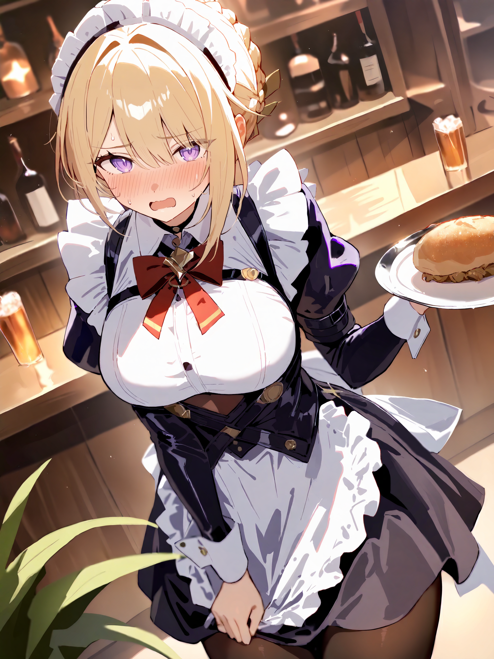 masterpiece, high score, great score, absurdres, blonde hair, purple eyes, <lora:Char-ZZZ-Evelyn-V1-XL:1:hr=0.6>, 1girl, solo, evelyn chevalier, braided bun, hair up, white shirt, black dress, underbust, red bowtie, maid headdress, maid apron, embarrassed, pantyhose, open mouth, blush, holding plate, looking at viewer, cowboy shot, bar \(place\), indoors, depth of field