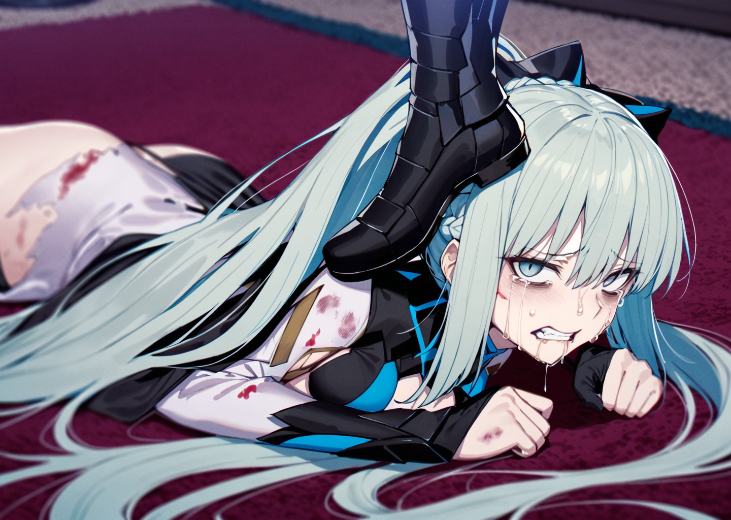 masterpiece, best quality, 1girl, absurdres, very authentic, solo, upper body, morgan le fay \(queen of winter\) \(fate\), fate/grand order, ponytail, two-tone dress, very long hair, braid, hair spread out, lying, on stomach, turning head, looking at viewer, unkempt hair, crying, furrowed brow, snot, tears, streaming tears, clenched teeth, bags under eyes, drooling, bruise on face, excessive blood on face, bruise, torn clothes, blood, whip mark, ryona, on ground, (single leg stepped on head:1.4), film grain, carpet, on floor, depth of field, blurry background, indoors, <lora:SteppedOnHead-anxl31:0.6>, <lora:a31_style_hito_komoru:0.8>,