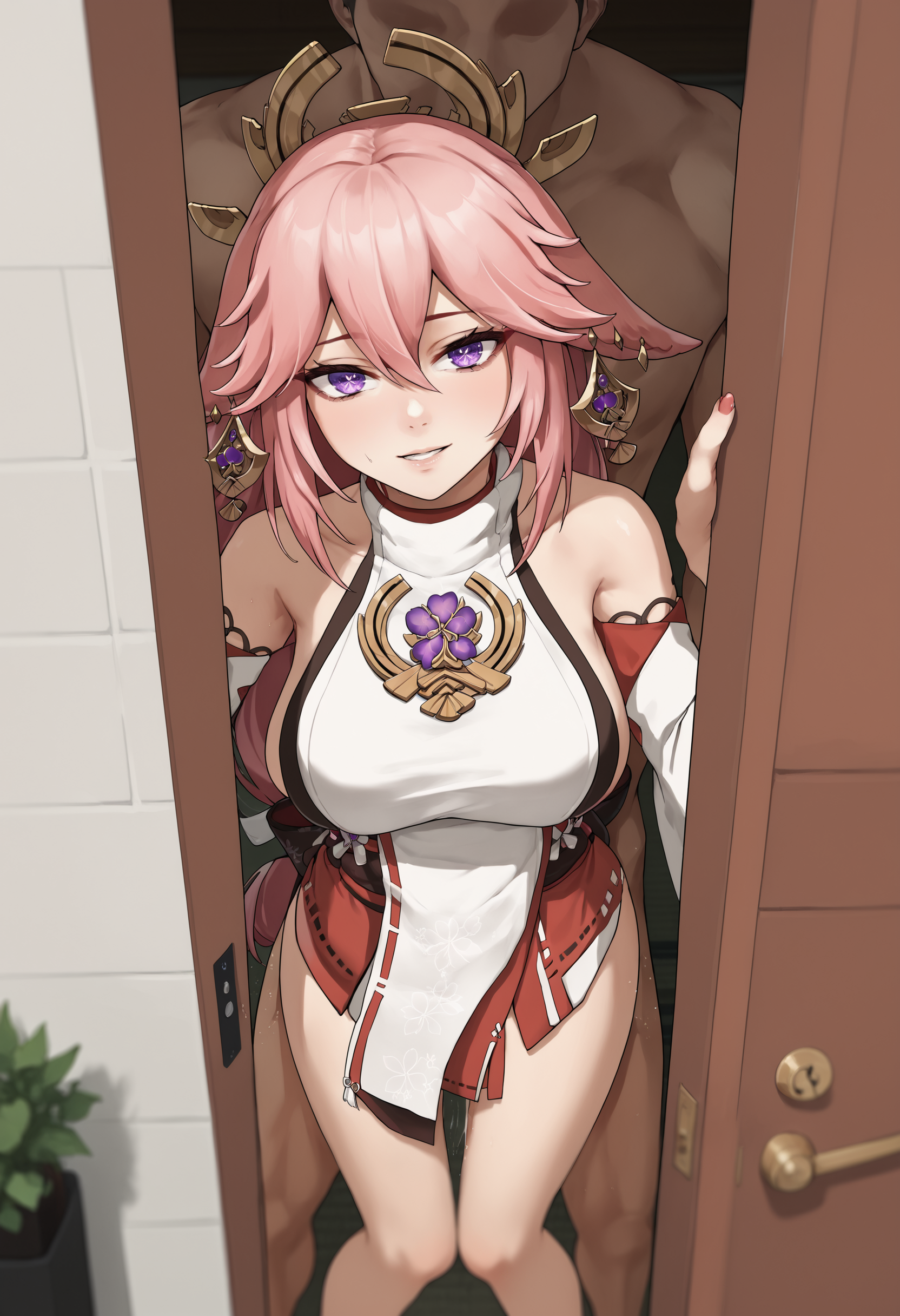 score_9, score_7_up, pov doorway, 1girl, 1boy, looking at viewer,  sex from behind, yae miko,     <lora:Hidden sex 2-000009:1>