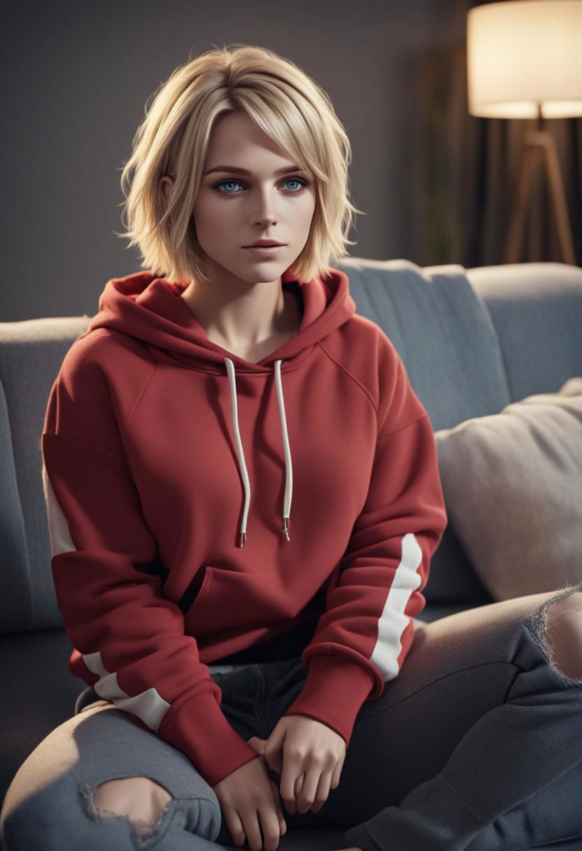 photo,real,1 girl, blond hair with red highlights, full_shot,cinematic_angle,(25 yo),Volumetric Lighting,available light, flat chest,hoodie,lowleg_pants,hair_flaps,short hair,smirk,sitting in sofa,