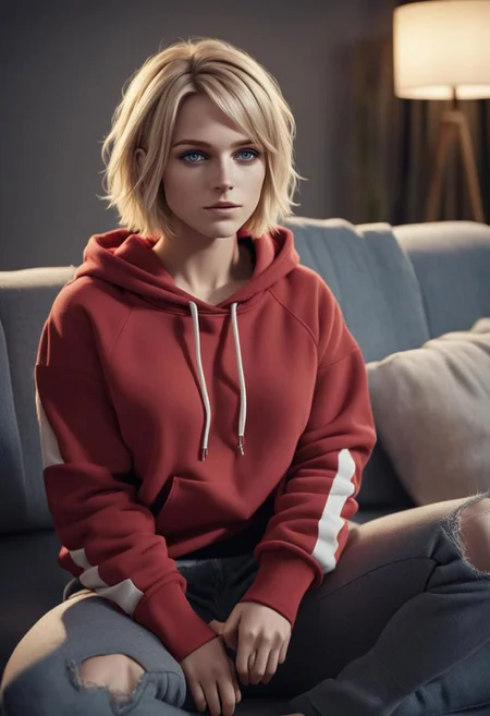 photo,real,1 girl, blond hair with red highlights, full_shot,cinematic_angle,(25 yo),Volumetric Lighting,available light, flat chest,hoodie,lowleg_pants,hair_flaps,short hair,smirk,sitting in sofa,