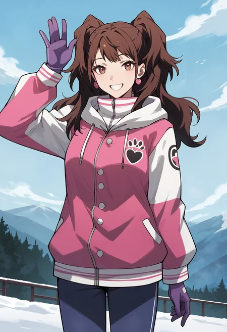 score_9, score_8_up, score_7_up, score_6_up, score_5_up, score_4_up, source_anime
1 girl, solo,
p4rise, kujikawa rise, long hair, brown hair, earrings, twintails,
p4rise-ski, jacket, pink jacket, long sleeves, white sleeves, hood, gloves, purple gloves, pants, blue pants, heart \(symbol\),
mountain, snowy, bright, looking at viewer, smile, happy, teeth, standing, waving, hand over head,
masterwork, masterpiece, best quality, hyper-detailed