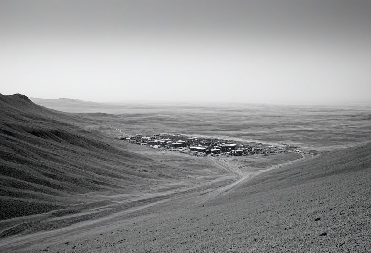 landscape, (black and white, b&w, chrome, monochrome, greyscale, grain), science fiction