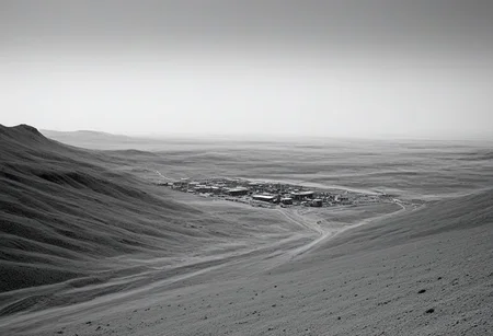 landscape, (black and white, b&w, chrome, monochrome, greyscale, grain), science fiction