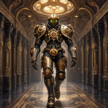 <lora:Rococo_Steampunk_SDXL:1> ArsMJStyle, Rococo Steampunk, The image shows a man in a mechanical suit with brass gears and cogs walking through a grand, ornate hallway with chandeliers above him.