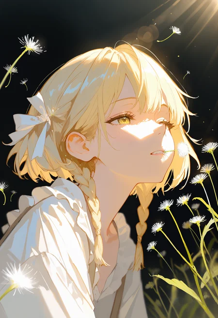 masterpiece, best quality, good quality, very aesthetic, absurdres, newest, Wide Shot, Atmospheric Perspective, A melancholic young girl,by rella, very sad, she has long and smooth eyelashes,The droplets of water glisten like tiny diamonds on her hair and clothes, lost in thought. Two cute short braids with bows,Biting a dandelion seed,
Dandelion seeds blowing in the wind,
Blonde hair,
dandelion seed, day, plant, seed, sunlight, Lens Flare,Depth Of Field, <lora:ponyv4_noob1_2_adamW-000017:0.7> <lora:748cmSDXL:0.8>