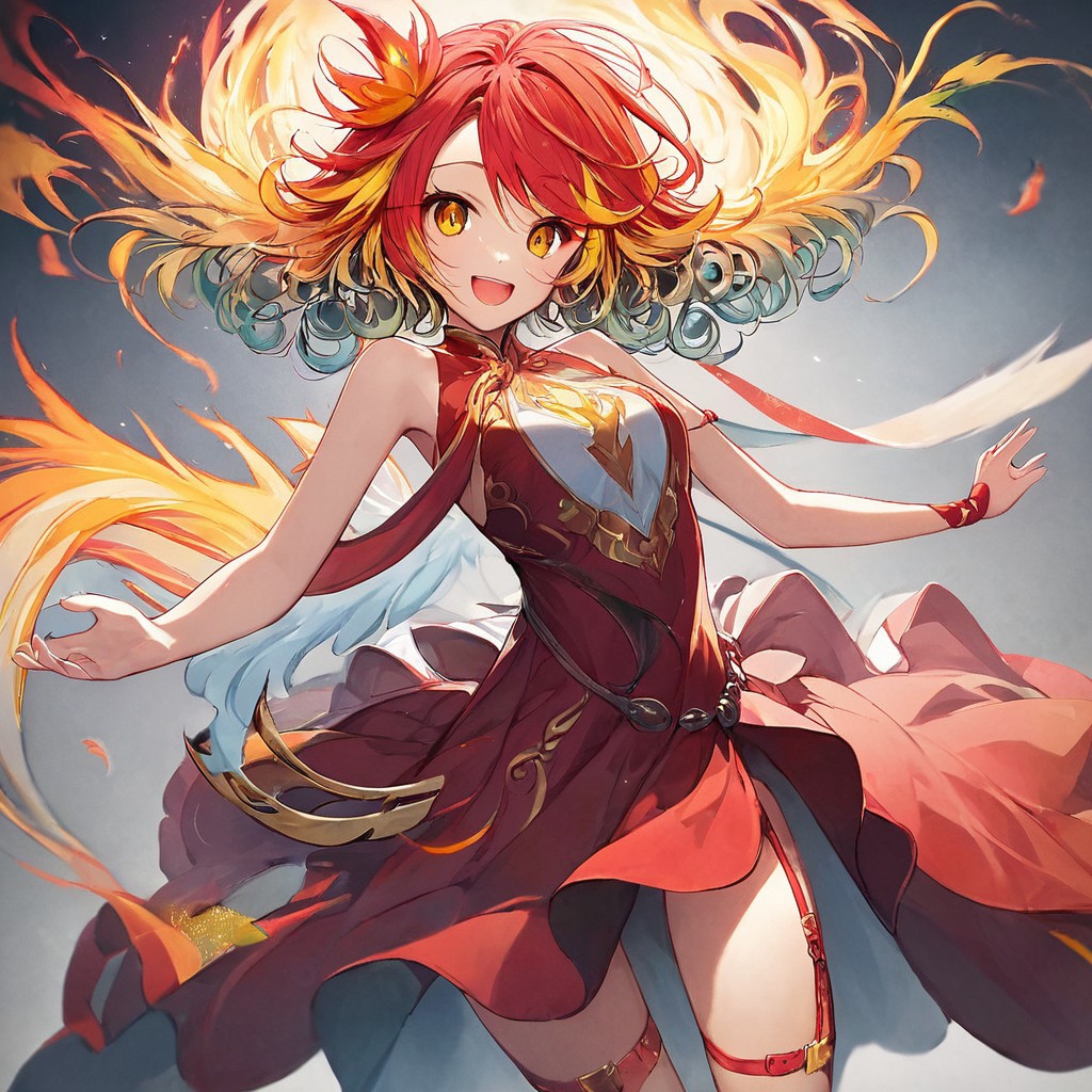 score_9,score_8_up,score_7_up,score_9,score_8_up,score_8,ultra detailed, beautiful face, highres, Expressiveh,
BREAK, 1girl, solo, kamiya yuu, no game no life, official art, 
gradient hair, multicolored hair, multicolored eyes,
(red hair:1.3), curly hair, yellow hair ends, yellow highlights, phoenix girl, red eyes, yellow eyes, gradient eyes, red dress, bare shoulders, straps, slight cleavage,
happy, looking at viewer, giddy, smile, open mouth,
jyojifuku, dress, phoenix dress, fire element, composed of fire elements, feathers, burning feathers in air,