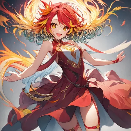 score_9,score_8_up,score_7_up,score_9,score_8_up,score_8,ultra detailed, beautiful face, highres, Expressiveh,
BREAK, 1girl, solo, kamiya yuu, no game no life, official art,
gradient hair, multicolored hair, multicolored eyes,
(red hair:1.3), curly hair, yellow hair ends, yellow highlights, phoenix girl, red eyes, yellow eyes, gradient eyes, red dress, bare shoulders, straps, slight cleavage,
happy, looking at viewer, giddy, smile, open mouth,
jyojifuku, dress, phoenix dress, fire element, composed of fire elements, feathers, burning feathers in air,