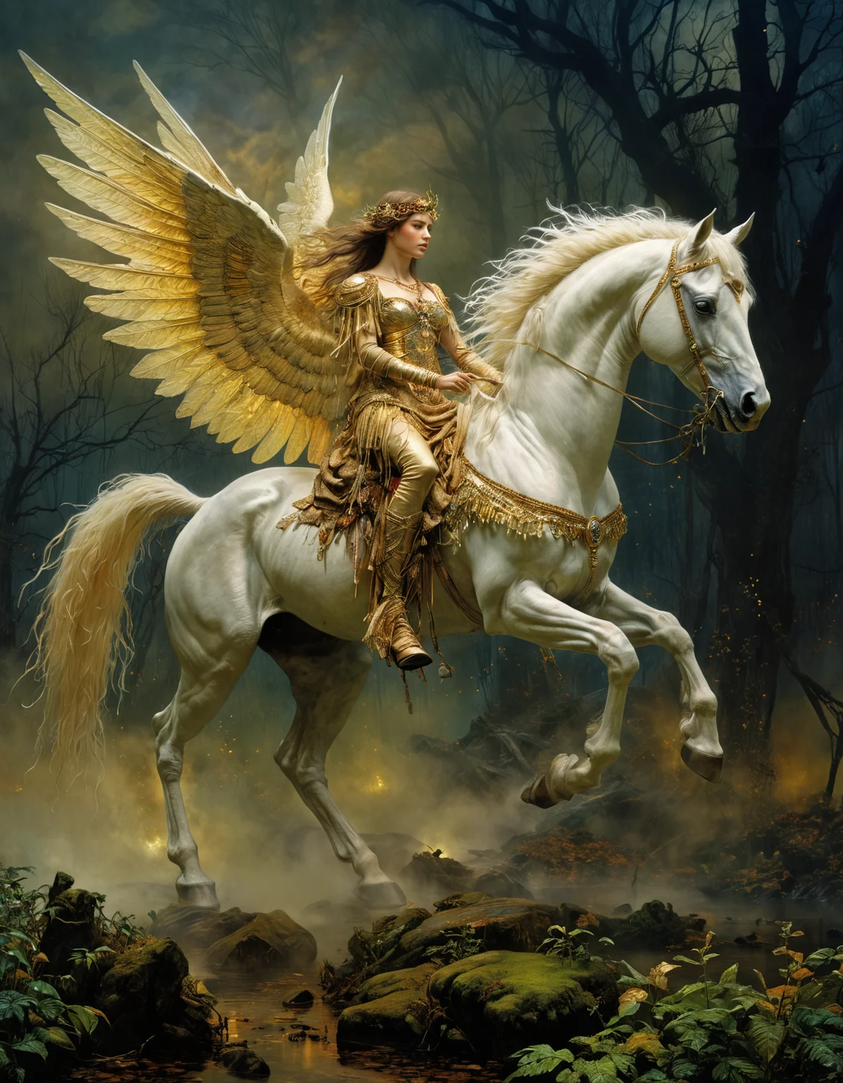 highly detailed and hyper realistic photo, by John Atkinson Grimshaw , by Jeff Easley , by Charles Mellin , a ethereal aerial Pegasus , in the style of visionary realism, limited dark palette, unusual dark colors, faded colors, atmospheric haze, highly dramatic cinematic lighting, motion blur, film grain, professional, excellent composition, finest details, maximized details, ultimate detail level, masterpiece, best quality