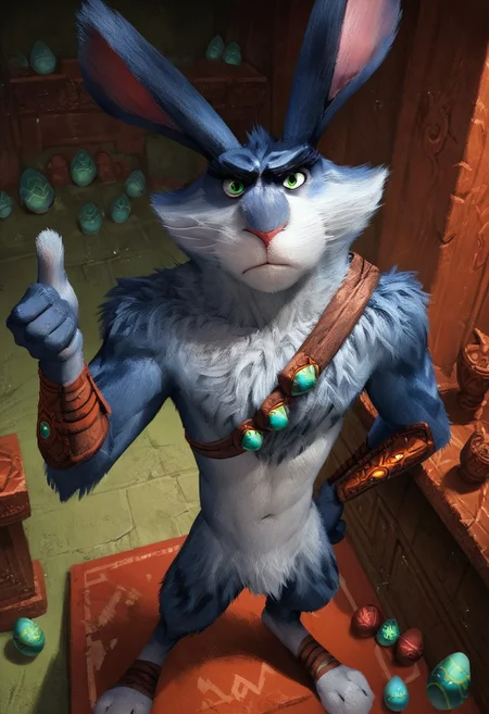score_7_up, score_8_up, 1boy, solo male, full view, high angle, 
bunnymund, anthro rabbit, fur markings, standing, thumbs up, determined expression, green eyes, sheathe on back, chest strap, bracers, arms wraps, eggs, looking at viewer, indoors,