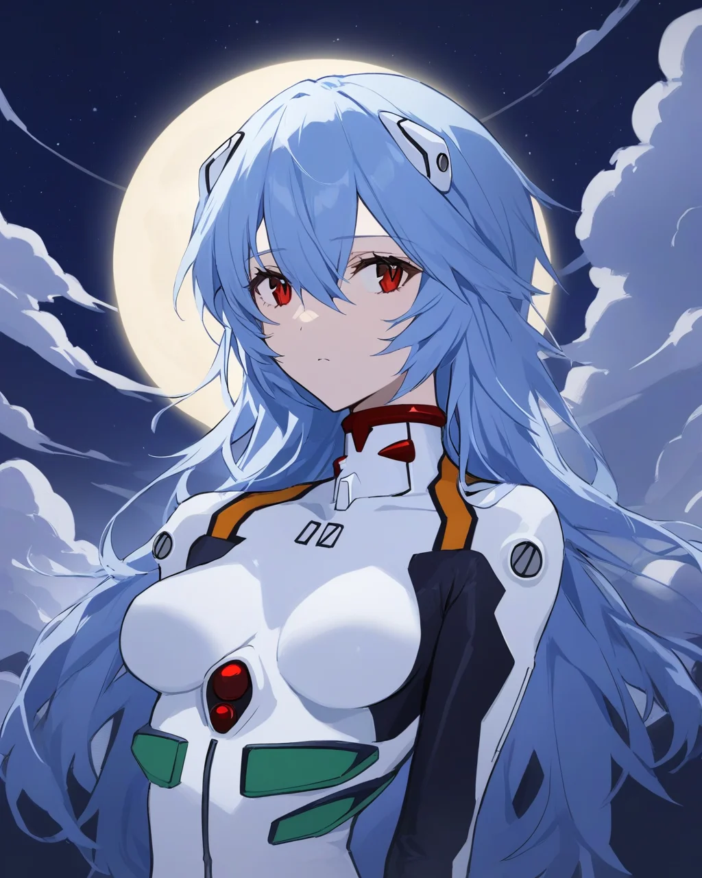 masterpiece,best quality,<lora:ayanami_reiv2:1>,bracer, science_fiction, official_alternate_hairstyle, night_sky, closed_mouth, gloves, sky, looking_afar, cloud, neon_genesis_evangelion, pale_skin, 1girl, rebuild_of_evangelion, looking_to_the_side, solo, ayanami_rei, lunar_eclipse, night, medium_breasts, expressionless, eclipse, white_bodysuit, breasts_apart, bodysuit, upper_body, backlighting, starry_sky, moonlight, plugsuit, outdoors, hand_up, slit_pupils, official_alternate_hair_length, full_moon, star_(sky), turtleneck, evangelion:_3.0+1.0_thrice_upon_a_time, interface_headset, sidelocks, frown, moon, hair_over_one_eye, breasts, pilot_suit
