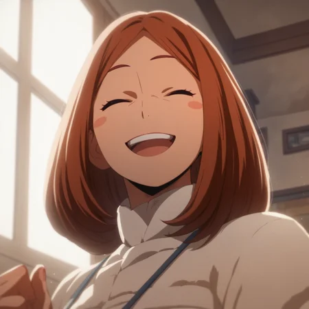 <lora:SlimesUrarakasMom:1>, score_9, score_8_up, score_7_up, slimes_urarakasmom, woman, solo, smiling, surprised, eyes closed