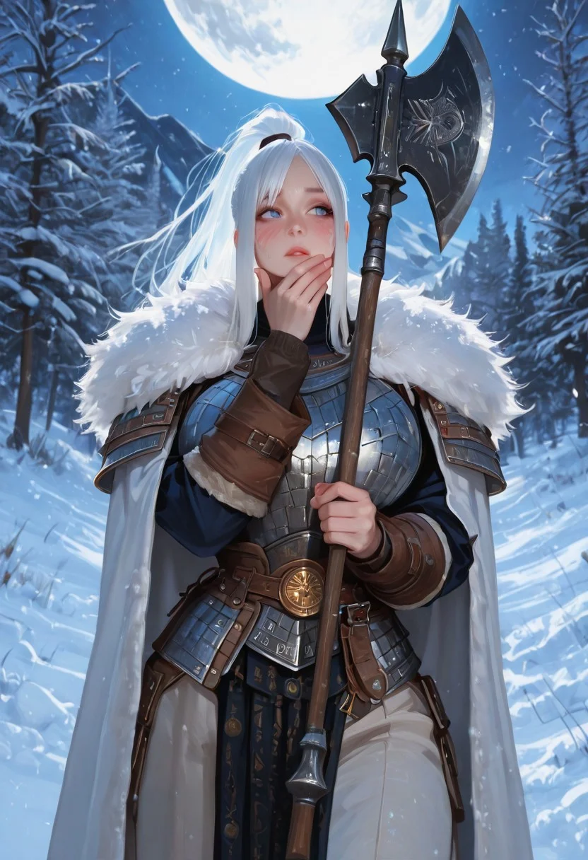 score_9, score_8_up, score_7_up, score_6_up, score_5_up, score_4_up, Cinematic Lighting, Volumetric Lighting, Bloom, Post Processing, Perfest Anatomy, Extermy Ely Detailed Eyes and Face, Perfect Eyes. 8K,
1girl, ((Solo,))
((long,white hair straight))Slanted bangs, tousled hair gathered in a high ponytail, braids in the ponytail. Big eyes, blue eyes, scar on the face.
Slim Figure, Narrow Waist, Wide Hips, (High Breasts), (Huge Breasts: ),((tall female:1.3)) Perfect Round Breasts, Perfect Round Butt, Wide Hips, Toned Figure, dark skin, Muscular
-- clothes -- Multi-layered clothing, fur clothing of the Vikings and the peoples of the North. ((Armor, armor)) decorations, traditional Viking, cape made of animal skins,Elements of armor on clothes.warm clothes,fur,
BREAK
A stern warrior of the north walks along a snowy mountain path, ((Holding a battle axe on her shoulder.)) Blush looks away, covers her face with her hand from the snow.
Snow blizzard, snow-capped mountains, trees, strong wind, heavy snow, blizzard, moon, night, deep night, moon in the background, bright moon.
Close-up, ((focus on the torso)),
(dutch angle:0.5)
(realistic style photo)(realistic:1.2) dynamic lighting, warm lighting, dreamy lighting, realistic volumetric lighting